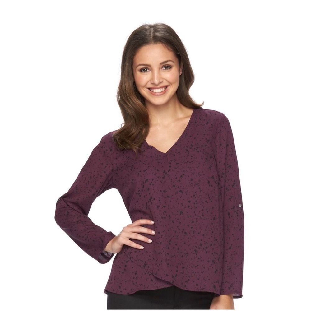 Chiffon Purple Split Neck Top With Tab Sleeves